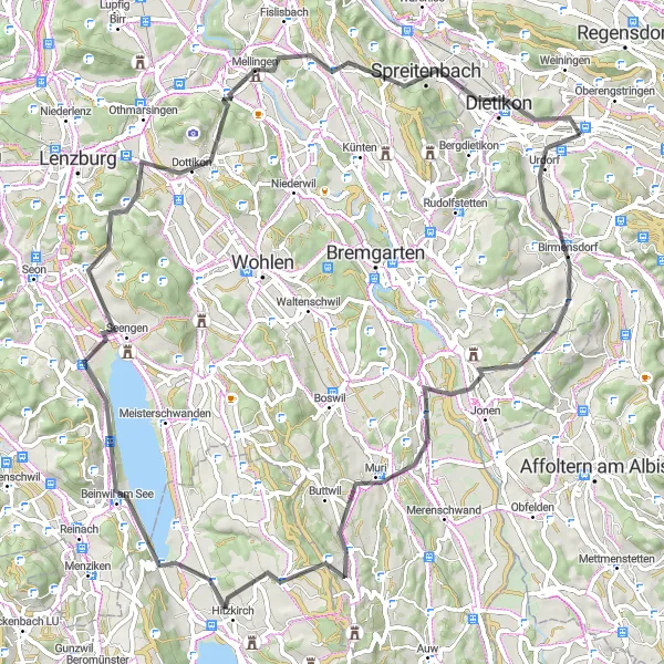 Miniaturní mapa "Okruh kolem Schlieren" inspirace pro cyklisty v oblasti Zürich, Switzerland. Vytvořeno pomocí plánovače tras Tarmacs.app