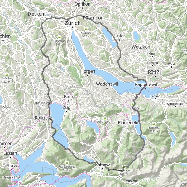 Miniatura della mappa di ispirazione al ciclismo "Avventura panoramica tra Schwyz e Affoltern am Albis" nella regione di Zürich, Switzerland. Generata da Tarmacs.app, pianificatore di rotte ciclistiche