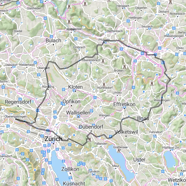 Karttaminiaatyyri "Zürichin maaseutu-kiertue" pyöräilyinspiraatiosta alueella Zürich, Switzerland. Luotu Tarmacs.app pyöräilyreittisuunnittelijalla