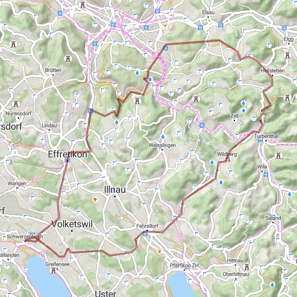 Miniatua del mapa de inspiración ciclista "Ruta de ciclismo en grava: Schwerzenbach - Wildberg" en Zürich, Switzerland. Generado por Tarmacs.app planificador de rutas ciclistas