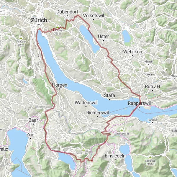 Zemljevid v pomanjšavi "Gravelna vožnja v okolici Züricha" kolesarske inspiracije v Zürich, Switzerland. Generirano z načrtovalcem kolesarskih poti Tarmacs.app