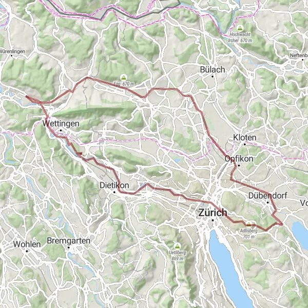 Karttaminiaatyyri "Gravel-seikkailu Zürichissä" pyöräilyinspiraatiosta alueella Zürich, Switzerland. Luotu Tarmacs.app pyöräilyreittisuunnittelijalla