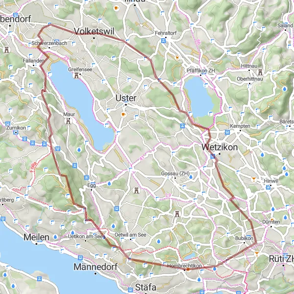 Zemljevid v pomanjšavi "Pustolovščina med naravo in vasmi" kolesarske inspiracije v Zürich, Switzerland. Generirano z načrtovalcem kolesarskih poti Tarmacs.app