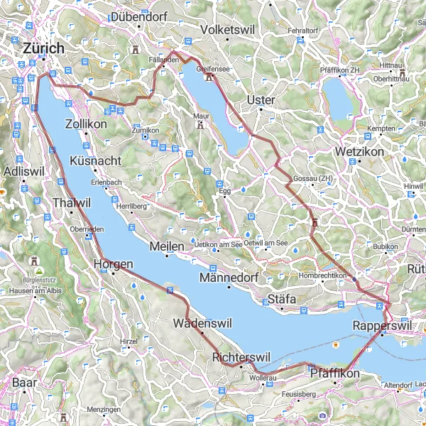 Zemljevid v pomanjšavi "Pogledi na Zürichsko jezero v naravi" kolesarske inspiracije v Zürich, Switzerland. Generirano z načrtovalcem kolesarskih poti Tarmacs.app