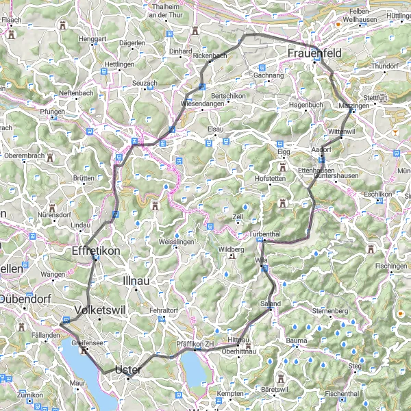 Miniatua del mapa de inspiración ciclista "Ruta por carretera Frauenfeld-Pfäffikersee" en Zürich, Switzerland. Generado por Tarmacs.app planificador de rutas ciclistas