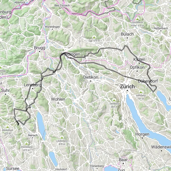 Miniatura della mappa di ispirazione al ciclismo "Giro in bicicletta da Schwerzenbach a Lenzburg" nella regione di Zürich, Switzerland. Generata da Tarmacs.app, pianificatore di rotte ciclistiche