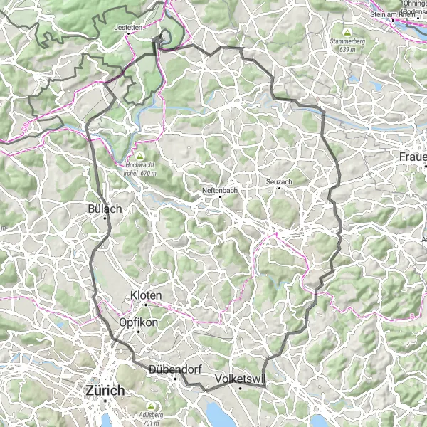 Miniatua del mapa de inspiración ciclista "Ruta por carretera Marthalen-Hulmen" en Zürich, Switzerland. Generado por Tarmacs.app planificador de rutas ciclistas