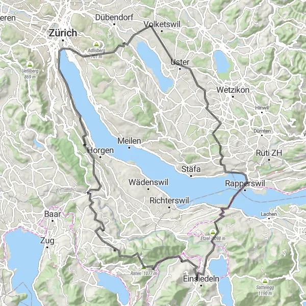 Map miniature of "The Grand Zurich Adventure" cycling inspiration in Zürich, Switzerland. Generated by Tarmacs.app cycling route planner