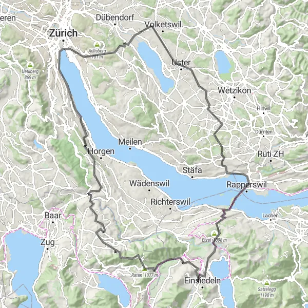 Zemljevid v pomanjšavi "Cestna tura skozi švicarsko pokrajino" kolesarske inspiracije v Zürich, Switzerland. Generirano z načrtovalcem kolesarskih poti Tarmacs.app