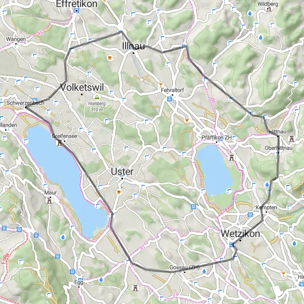 Zemljevid v pomanjšavi "Okrog Schwerzenbacha in Alpah" kolesarske inspiracije v Zürich, Switzerland. Generirano z načrtovalcem kolesarskih poti Tarmacs.app