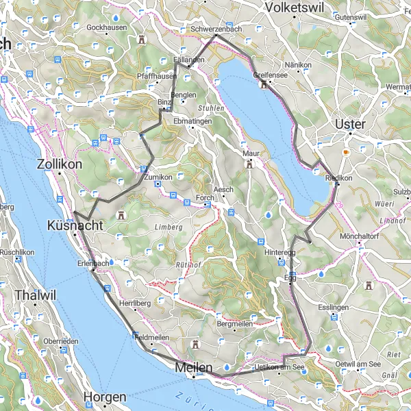 Miniatura della mappa di ispirazione al ciclismo "Giro in bicicletta intorno a Schwerzenbach" nella regione di Zürich, Switzerland. Generata da Tarmacs.app, pianificatore di rotte ciclistiche