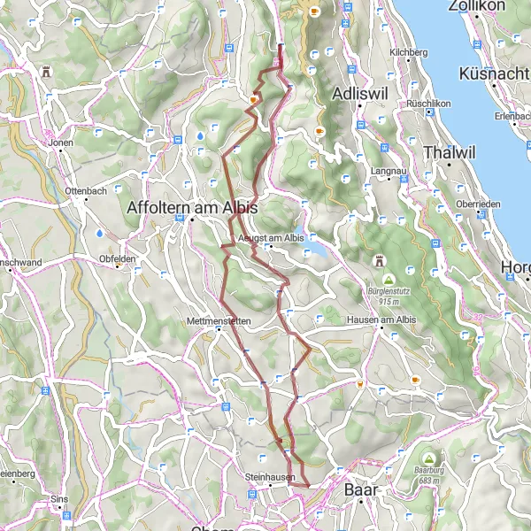 Map miniature of "Stallikon-Mettmenstetten-Hauptikon-Aeugsterberg Loop" cycling inspiration in Zürich, Switzerland. Generated by Tarmacs.app cycling route planner