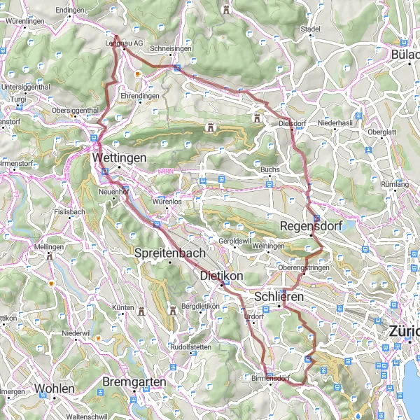 Map miniature of "Whiskypass and Gubrist Gravel Loop" cycling inspiration in Zürich, Switzerland. Generated by Tarmacs.app cycling route planner