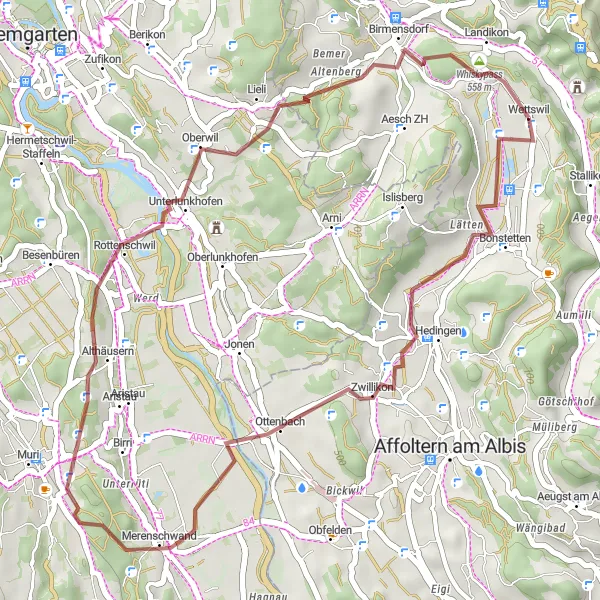 Miniatura mapy "Przejażdżka gravelowa przez Oberwil i Wettswil" - trasy rowerowej w Zürich, Switzerland. Wygenerowane przez planer tras rowerowych Tarmacs.app