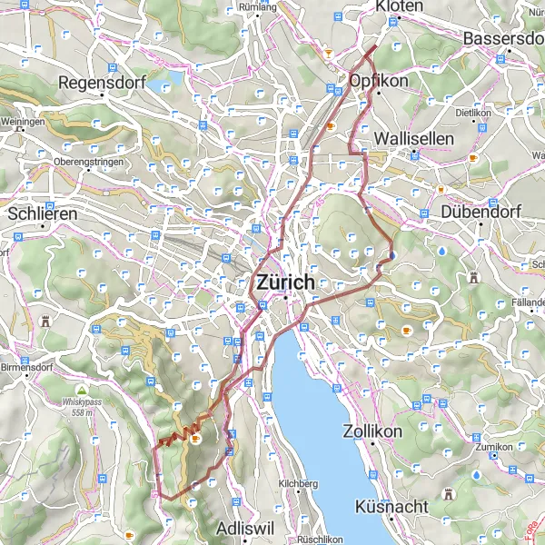 Map miniature of "Zürich Gravel Adventure" cycling inspiration in Zürich, Switzerland. Generated by Tarmacs.app cycling route planner