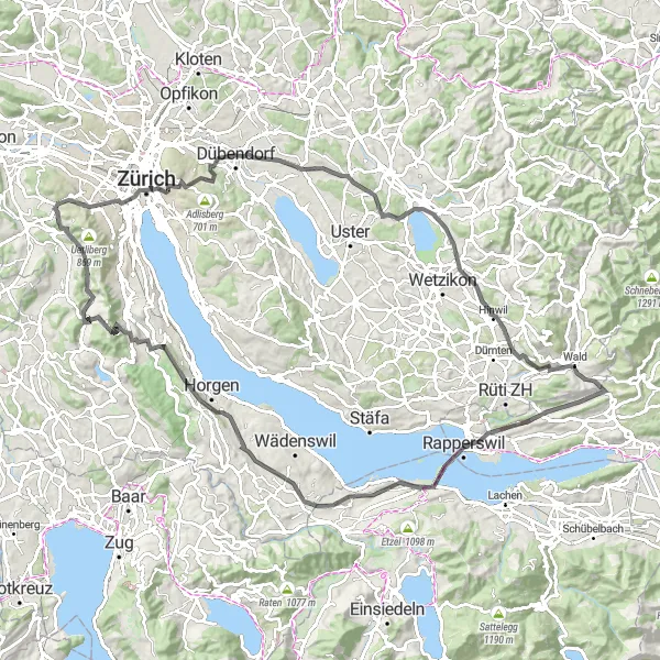 Map miniature of "Zürichberg and Pfäffikersee Loop" cycling inspiration in Zürich, Switzerland. Generated by Tarmacs.app cycling route planner