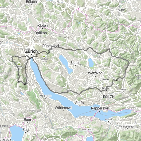 Map miniature of "Zimberg and Gerbel Circuit" cycling inspiration in Zürich, Switzerland. Generated by Tarmacs.app cycling route planner