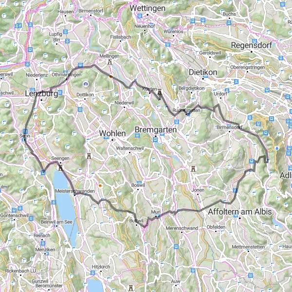 Map miniature of "Zwillikon Round-Trip Cycling Route" cycling inspiration in Zürich, Switzerland. Generated by Tarmacs.app cycling route planner