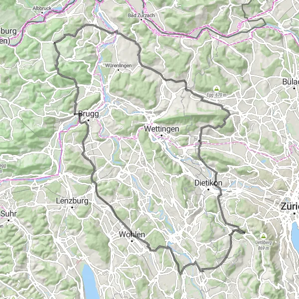 Map miniature of "Anglikon and Unterendingen Tour" cycling inspiration in Zürich, Switzerland. Generated by Tarmacs.app cycling route planner