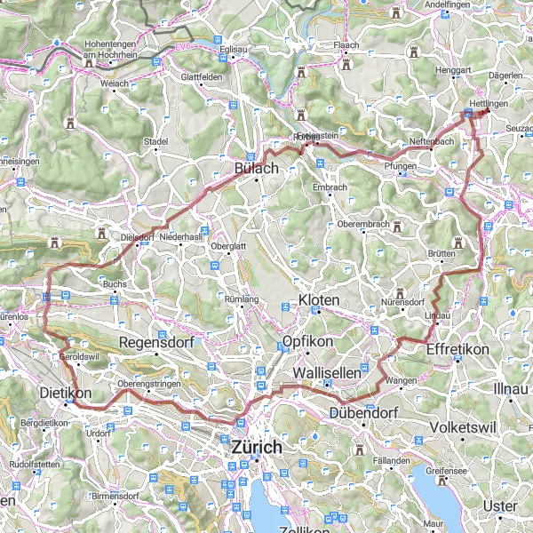 Karttaminiaatyyri "Haastava kierros Hüttikonia kohti" pyöräilyinspiraatiosta alueella Zürich, Switzerland. Luotu Tarmacs.app pyöräilyreittisuunnittelijalla