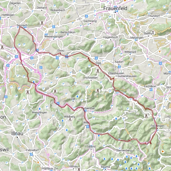 Miniature de la carte de l'inspiration cycliste "Boucle de Vélo Gravel à Lindberg et Eschenberg" dans la Zürich, Switzerland. Générée par le planificateur d'itinéraire cycliste Tarmacs.app