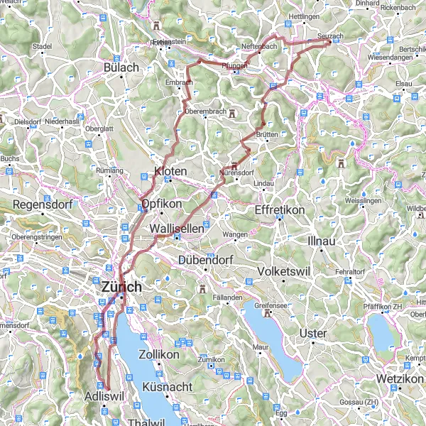 Miniaturekort af cykelinspirationen "Scenic Gravel Adventure" i Zürich, Switzerland. Genereret af Tarmacs.app cykelruteplanlægger