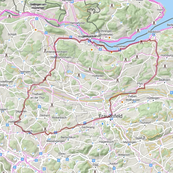 Miniatura della mappa di ispirazione al ciclismo "Eccitante Giro in Gravel da Dägerlen a Hettlingen" nella regione di Zürich, Switzerland. Generata da Tarmacs.app, pianificatore di rotte ciclistiche