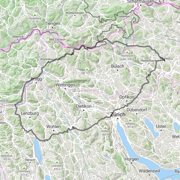 Karttaminiaatyyri "Maantiereitti Rüdlingeniin" pyöräilyinspiraatiosta alueella Zürich, Switzerland. Luotu Tarmacs.app pyöräilyreittisuunnittelijalla