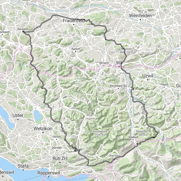 Miniatua del mapa de inspiración ciclista "Ruta de ciclismo de carretera al Bachtelhörnli" en Zürich, Switzerland. Generado por Tarmacs.app planificador de rutas ciclistas