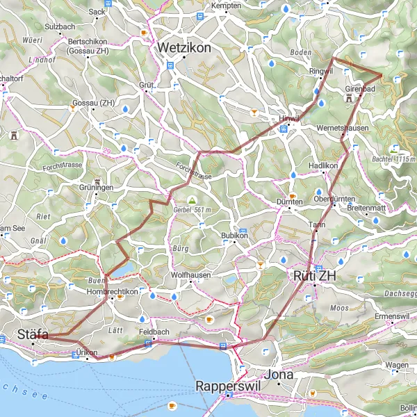 Map miniature of "Stäfa Gravel Loop" cycling inspiration in Zürich, Switzerland. Generated by Tarmacs.app cycling route planner