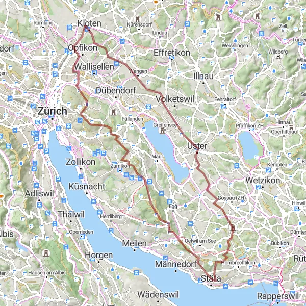 Kartminiatyr av "Grusvei Utforskning fra Stäfa" sykkelinspirasjon i Zürich, Switzerland. Generert av Tarmacs.app sykkelrutoplanlegger