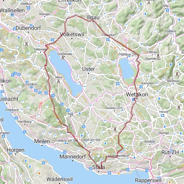 Karttaminiaatyyri "Hiekkateiden seikkailu Stäfasta Wetzikoniin" pyöräilyinspiraatiosta alueella Zürich, Switzerland. Luotu Tarmacs.app pyöräilyreittisuunnittelijalla