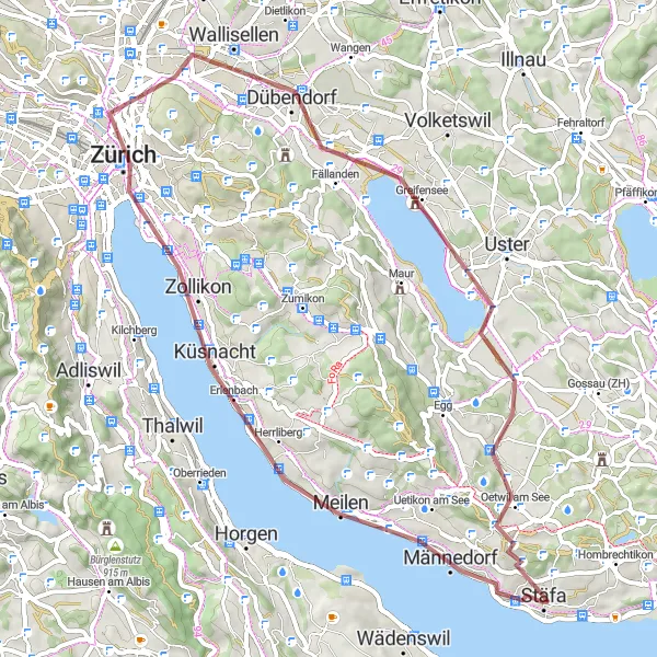 Kartminiatyr av "Grusvei til Föhrlibuck og Greifensee" sykkelinspirasjon i Zürich, Switzerland. Generert av Tarmacs.app sykkelrutoplanlegger
