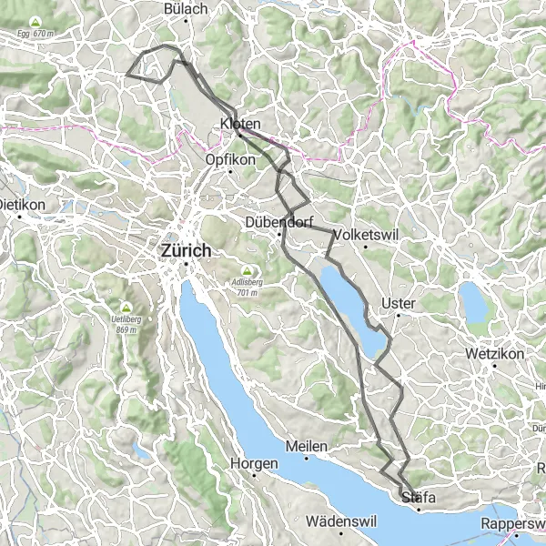 Miniature de la carte de l'inspiration cycliste "Escapade entre lacs et forêts" dans la Zürich, Switzerland. Générée par le planificateur d'itinéraire cycliste Tarmacs.app
