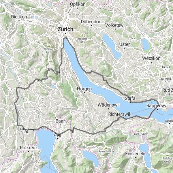 Miniatura della mappa di ispirazione al ciclismo "Esplorazione delle montagne e dei laghi intorno a Stäfa" nella regione di Zürich, Switzerland. Generata da Tarmacs.app, pianificatore di rotte ciclistiche