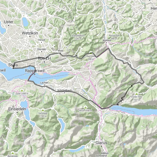 Kartminiatyr av "Rundtur til Rapperswil fra Stäfa" sykkelinspirasjon i Zürich, Switzerland. Generert av Tarmacs.app sykkelrutoplanlegger