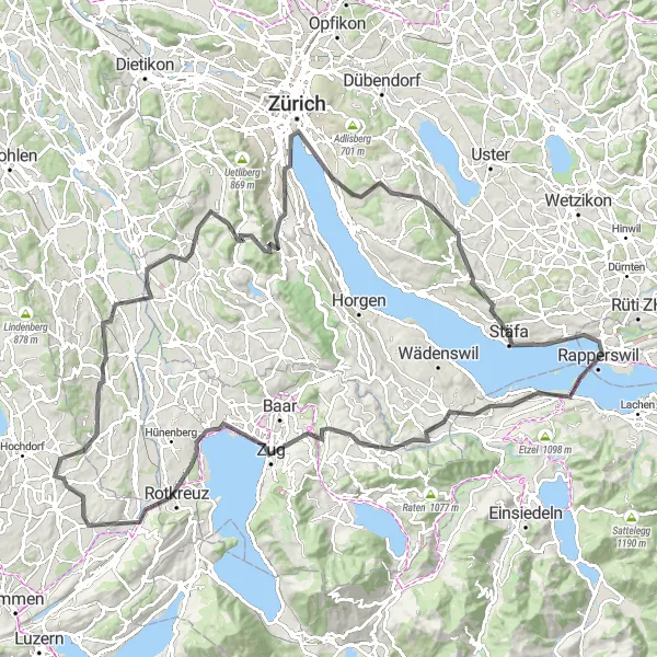 Kartminiatyr av "Landevei Eventyr rundt Zürich" sykkelinspirasjon i Zürich, Switzerland. Generert av Tarmacs.app sykkelrutoplanlegger