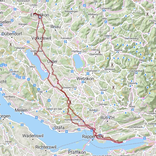 Miniatura della mappa di ispirazione al ciclismo "Tour del Lago di Greifen in Gravel" nella regione di Zürich, Switzerland. Generata da Tarmacs.app, pianificatore di rotte ciclistiche