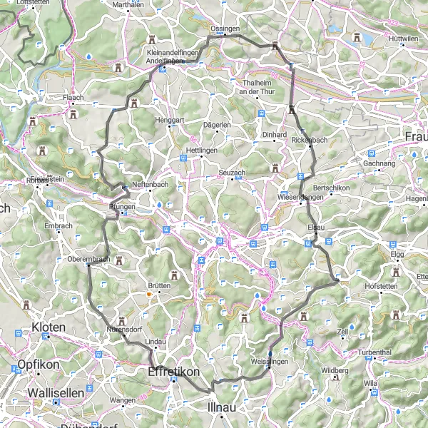 Karttaminiaatyyri "Maantiepyöräreitti läpi Zürichin maisemien" pyöräilyinspiraatiosta alueella Zürich, Switzerland. Luotu Tarmacs.app pyöräilyreittisuunnittelijalla