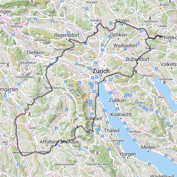 Miniaturní mapa "Road Prohlídka okolo Zürichu" inspirace pro cyklisty v oblasti Zürich, Switzerland. Vytvořeno pomocí plánovače tras Tarmacs.app