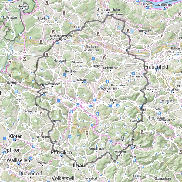 Zemljevid v pomanjšavi "Kolesarska tura skozi Gisenhard in Gerlikon" kolesarske inspiracije v Zürich, Switzerland. Generirano z načrtovalcem kolesarskih poti Tarmacs.app