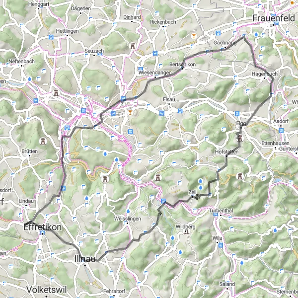 Kartminiatyr av "Rundtur till Elgg och Zell" cykelinspiration i Zürich, Switzerland. Genererad av Tarmacs.app cykelruttplanerare