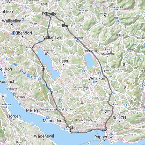 Map miniature of "Scenic Road Adventure to Dürnten" cycling inspiration in Zürich, Switzerland. Generated by Tarmacs.app cycling route planner