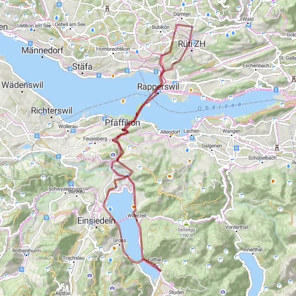 Map miniature of "Gravel Lake Circuit" cycling inspiration in Zürich, Switzerland. Generated by Tarmacs.app cycling route planner