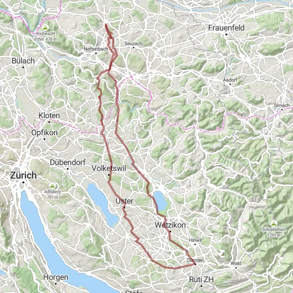 Zemljevid v pomanjšavi "Gravel route through Zurich countryside" kolesarske inspiracije v Zürich, Switzerland. Generirano z načrtovalcem kolesarskih poti Tarmacs.app