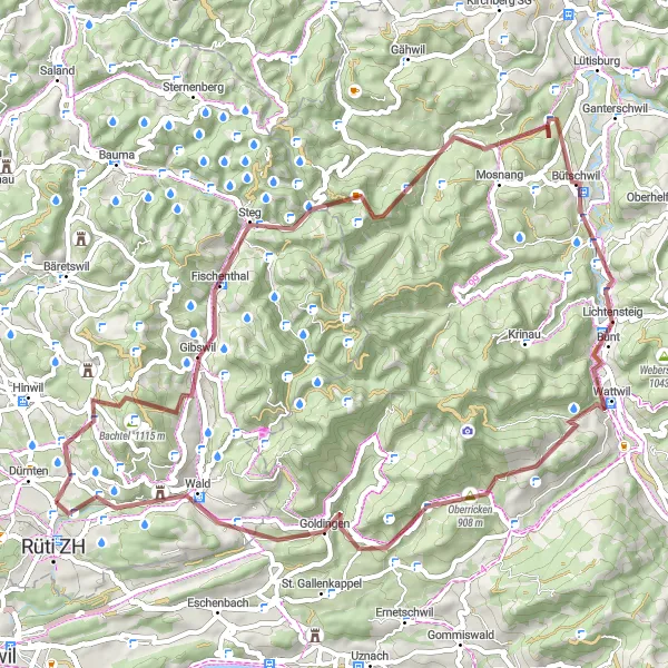 Zemljevid v pomanjšavi "Kolesarska tura do Bachtela" kolesarske inspiracije v Zürich, Switzerland. Generirano z načrtovalcem kolesarskih poti Tarmacs.app