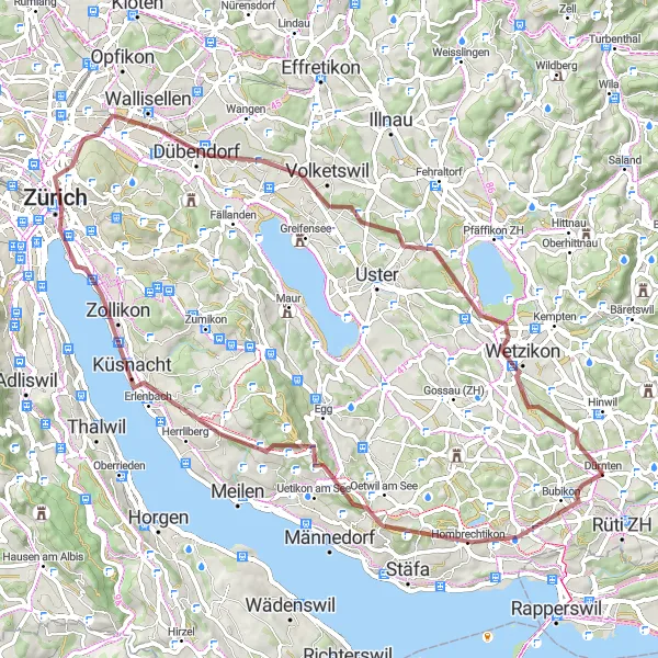 Map miniature of "Föhrlibuck Gravel Adventure" cycling inspiration in Zürich, Switzerland. Generated by Tarmacs.app cycling route planner