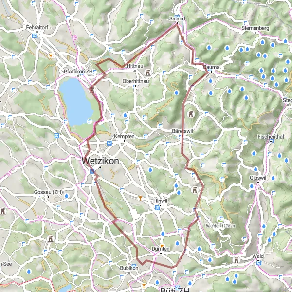 Miniatura mapy "Magiczna trasa rowerowa z Tann: Hittnau i inne ciekawe miejsca" - trasy rowerowej w Zürich, Switzerland. Wygenerowane przez planer tras rowerowych Tarmacs.app