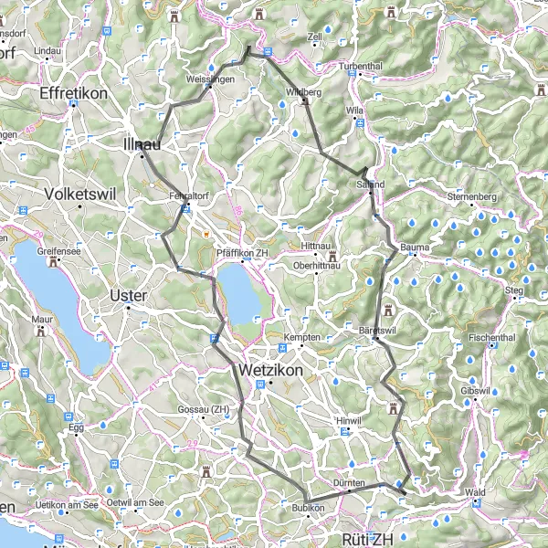 Map miniature of "Bubikon Loop" cycling inspiration in Zürich, Switzerland. Generated by Tarmacs.app cycling route planner