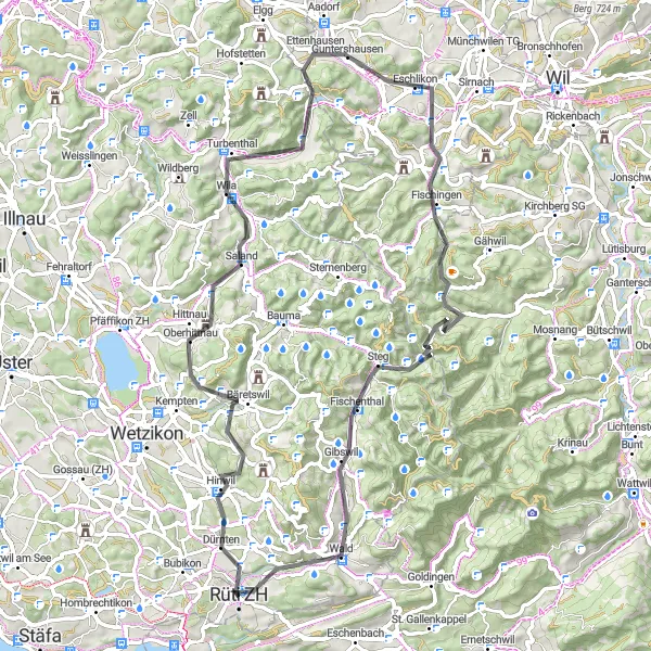 Miniatura della mappa di ispirazione al ciclismo "Circuito in bicicletta partendo da Rüti ZH" nella regione di Zürich, Switzerland. Generata da Tarmacs.app, pianificatore di rotte ciclistiche